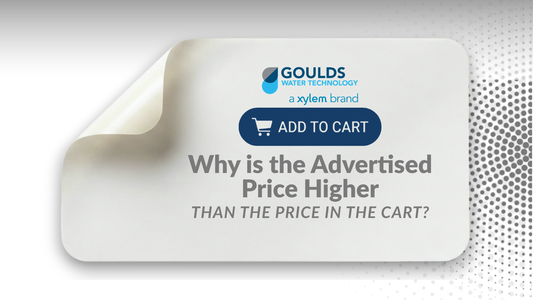 Goulds pump product page showing MAP pricing information with price displayed on product page and lower purchase price revealed in shopping cart on Dade Pump website.