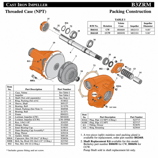 Berkeley B3ZRM-Replacement Parts for B66161 & B66168 Type B Series Water Truck Pumps Exploded Parts Diagram